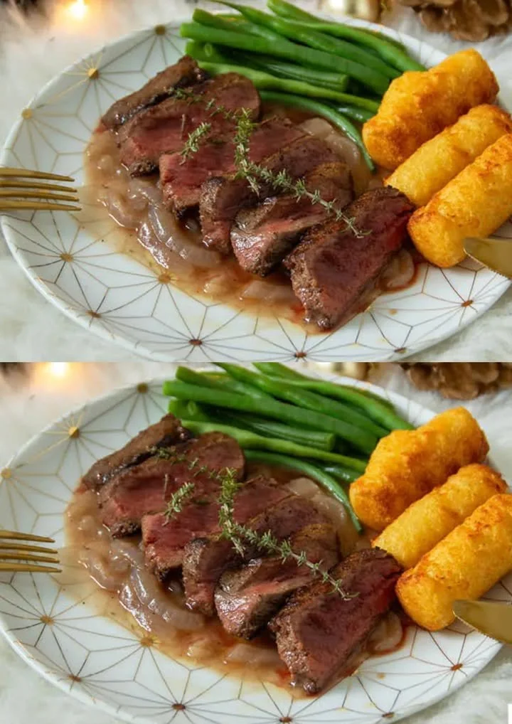Feestelijke biefstuk met karamel-portsaus op een elegante serveerschaal.
