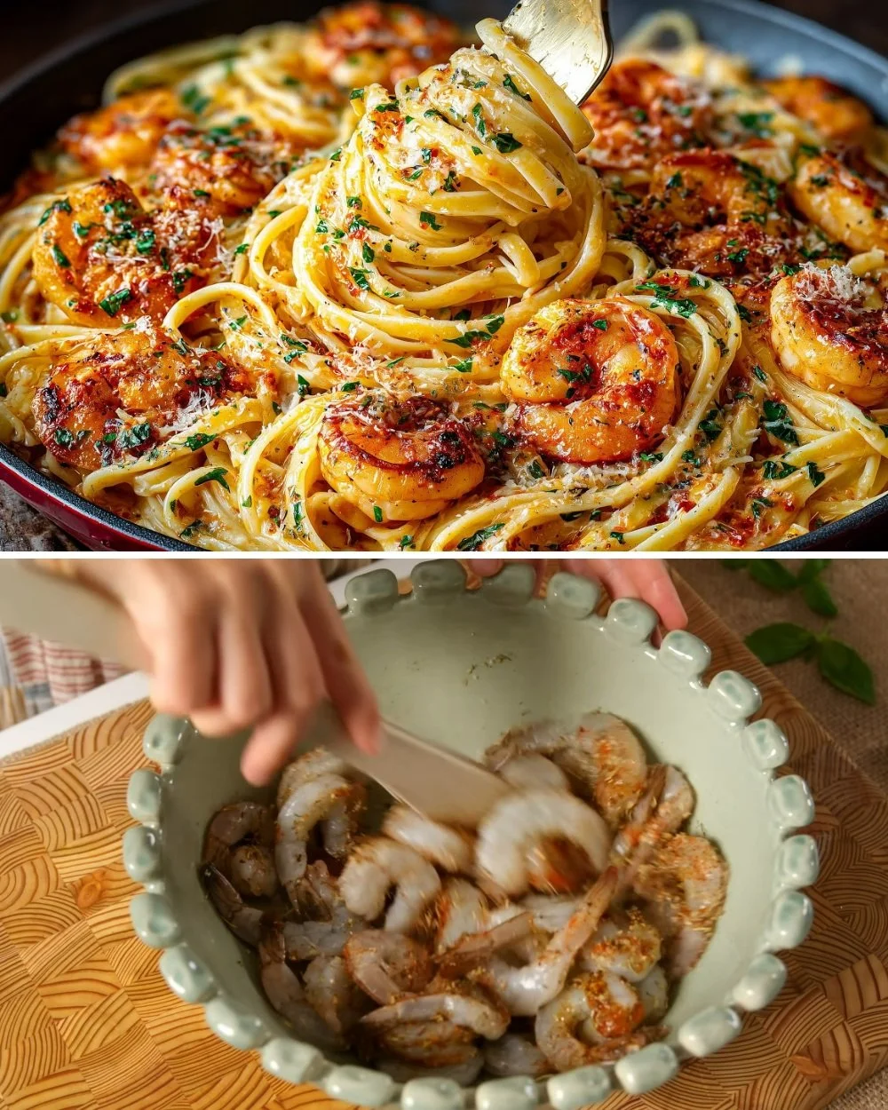 Heerlijk gerecht van garnalen in pasta met verse ingrediënten