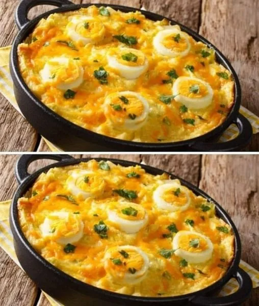Gegratineerde eieren met aardappelpuree op een bord