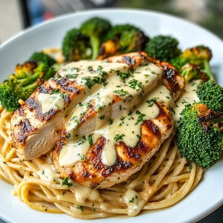 Gegrilde kip met broccoli en romige spaghetti op een bord