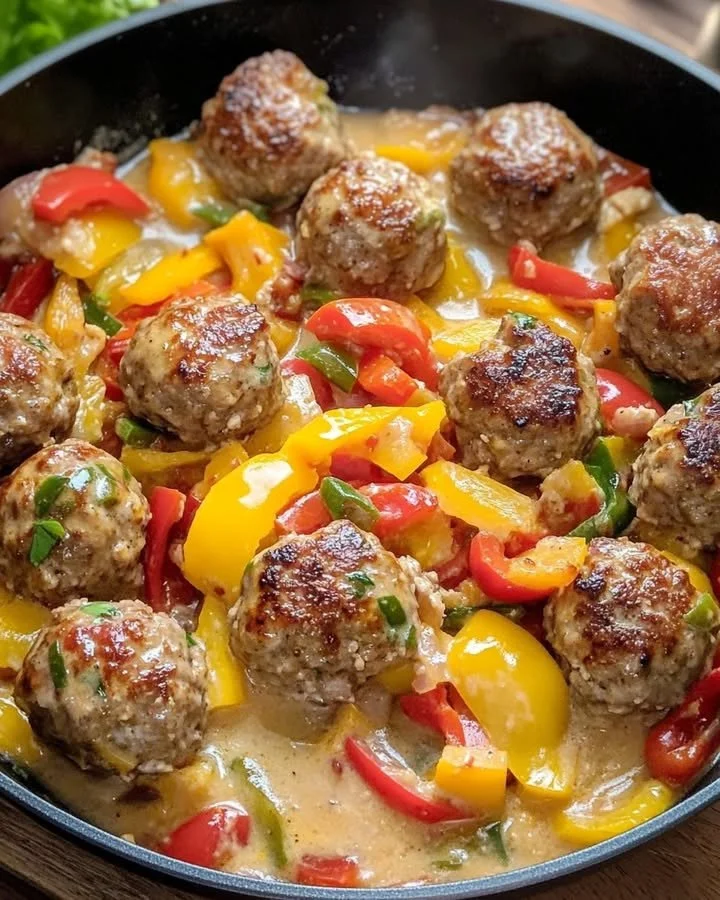 Gehaktballen met paprika in een pan, perfect voor een snel recept.