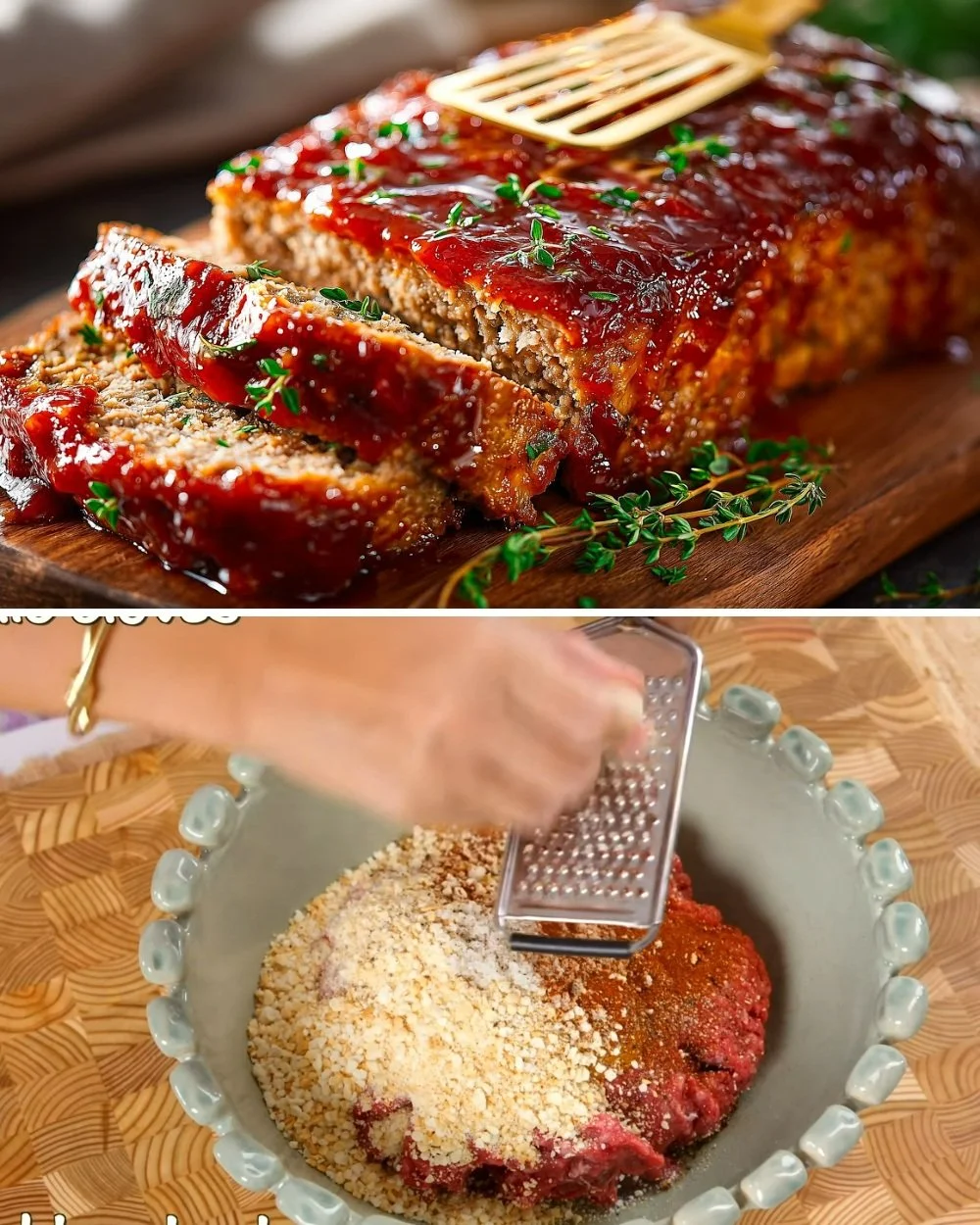 Gehaktbrood geserveerd met gehaktballen en zoete aardappelen