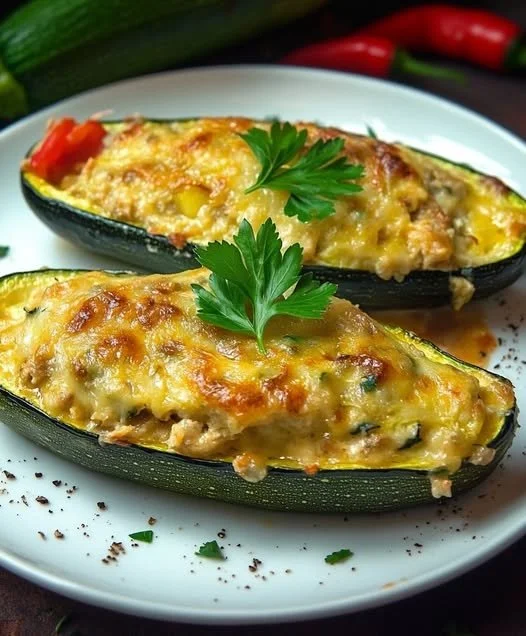 Gevulde courgette met vlees recept op een bord, geserveerd met kruiden.