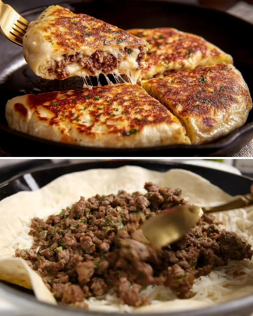 Hoofdgerecht van gehakt en tortilla met kleurrijke groenten.