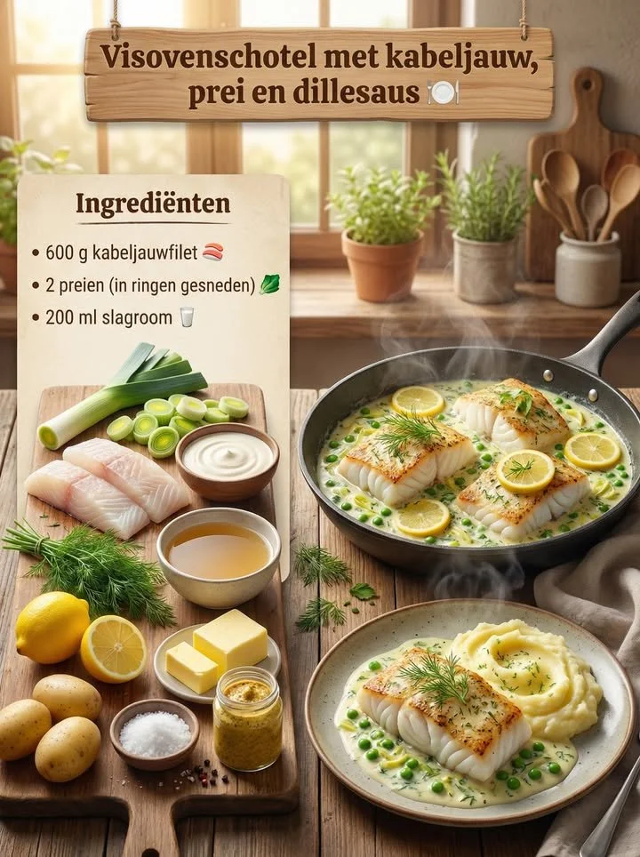 Kabeljauw in visovenschotel met prei en dillesaus