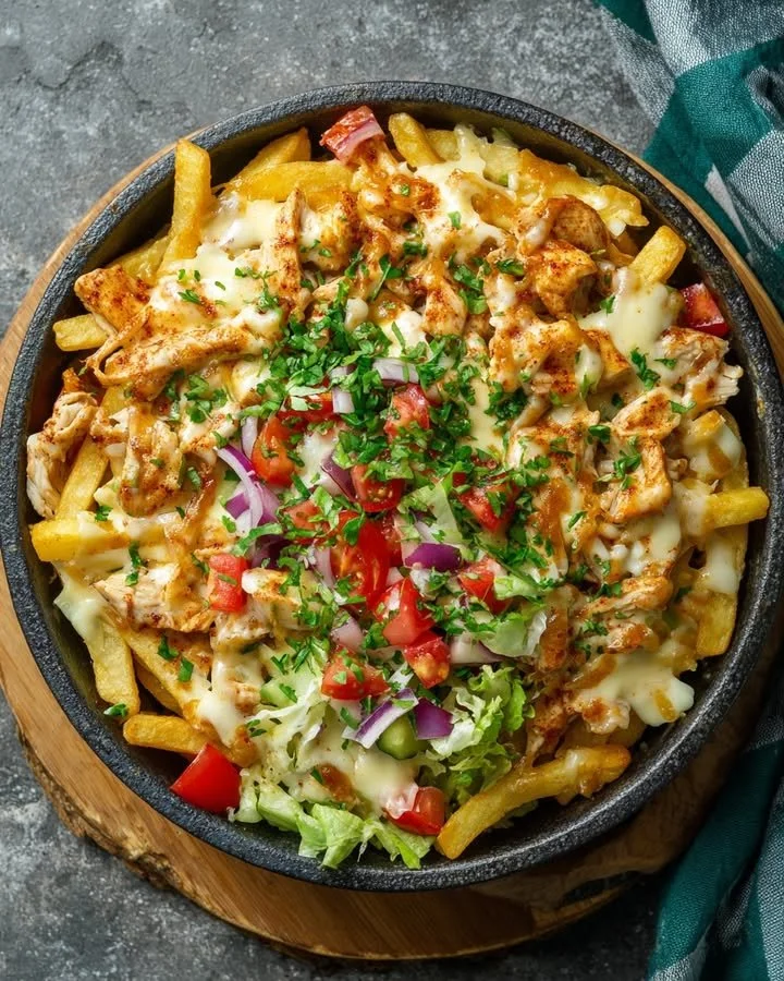 Kapsalon Ovenschotel met Krokante Kip op een bord