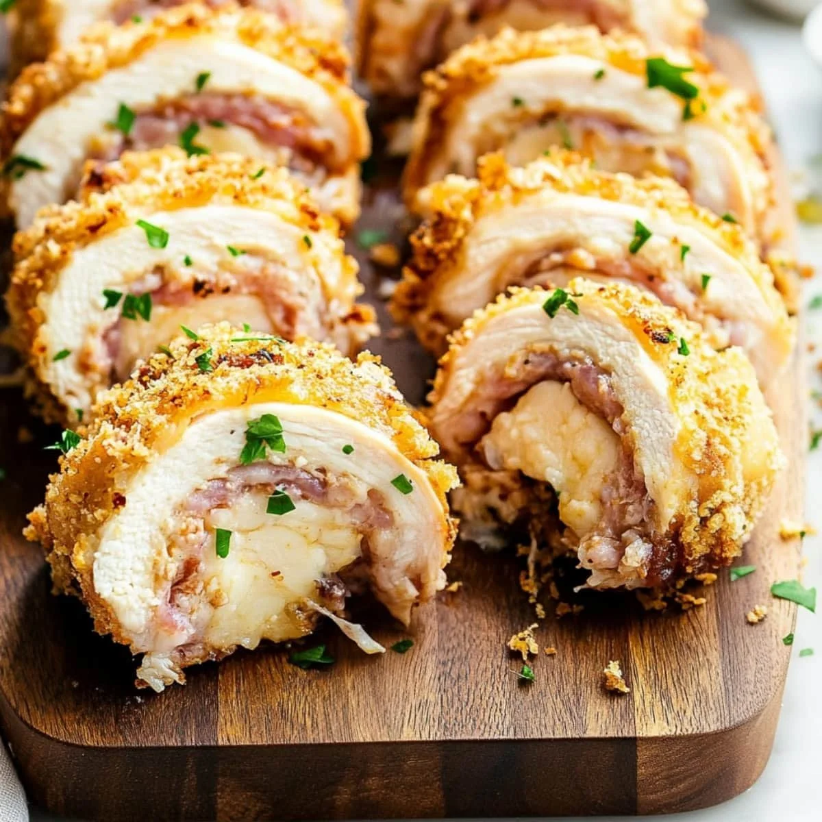 Heerlijke Kip Cordon Bleu met gesmolten kaas en ham, geserveerd met groenten.