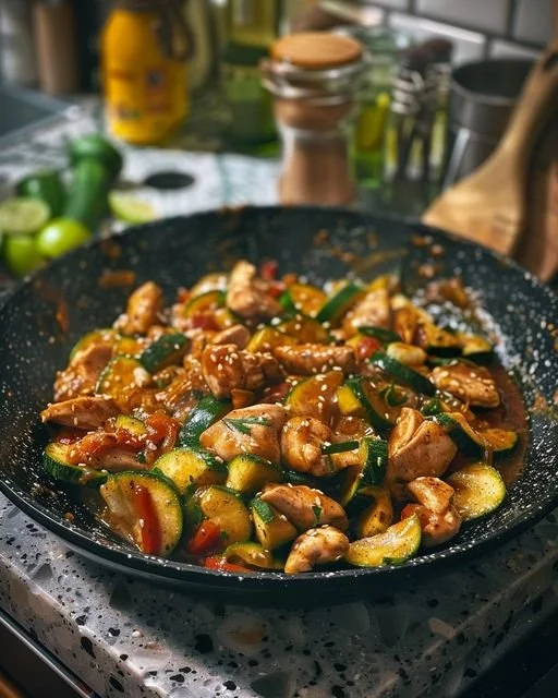 Kip roerbak met courgette en sojasaus in een mooie schaal