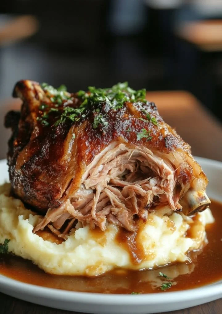 Knapperige Schweinshaxe met krokant vlees op een bord