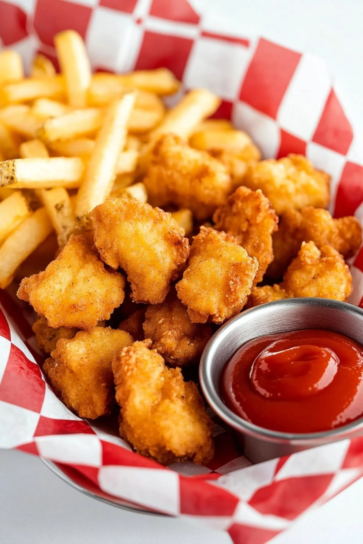Zelfgemaakte Chick-fil-A Nuggets op een bord met dipsaus.