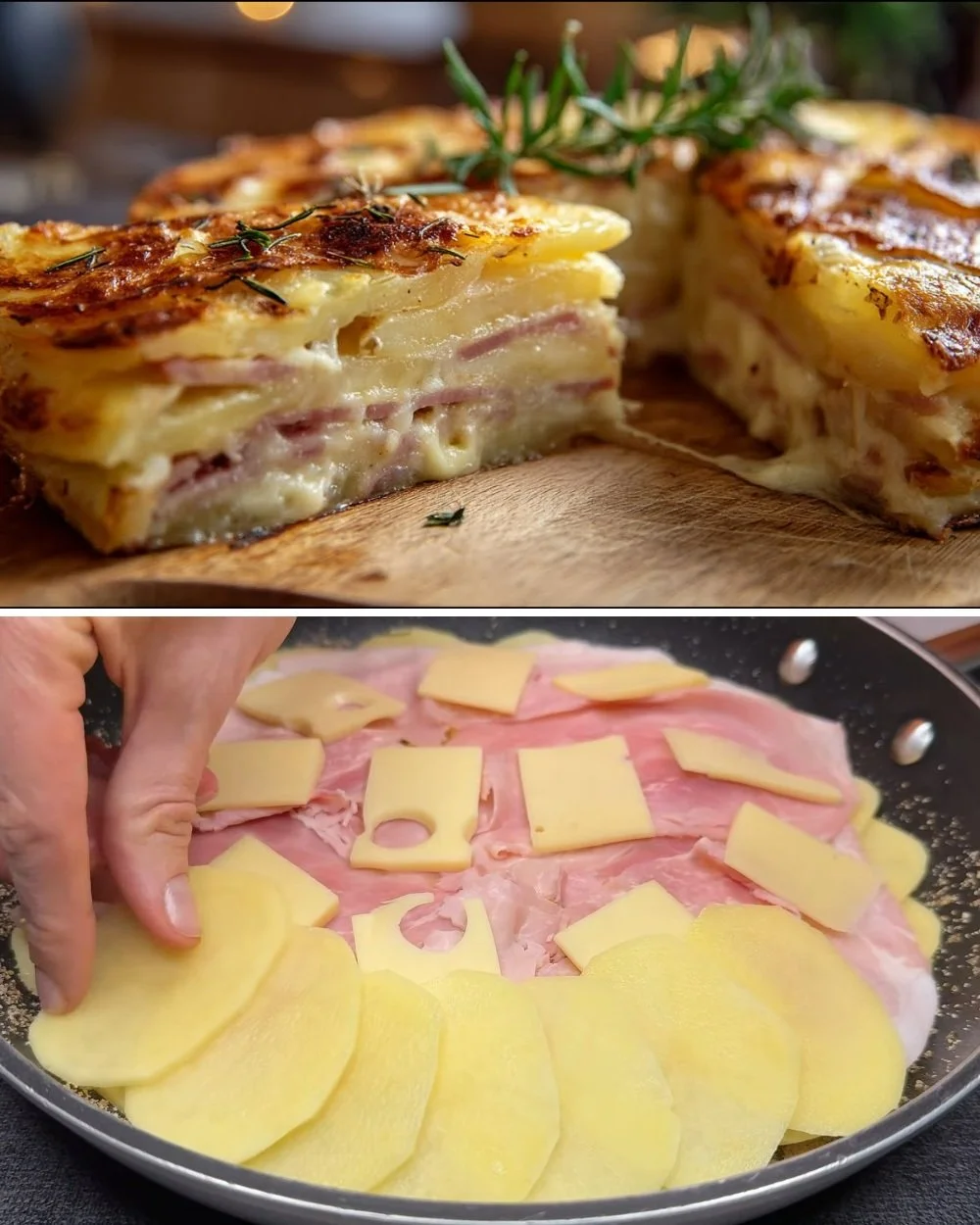 Rustieke aardappeltaart geserveerd op een houten tafel