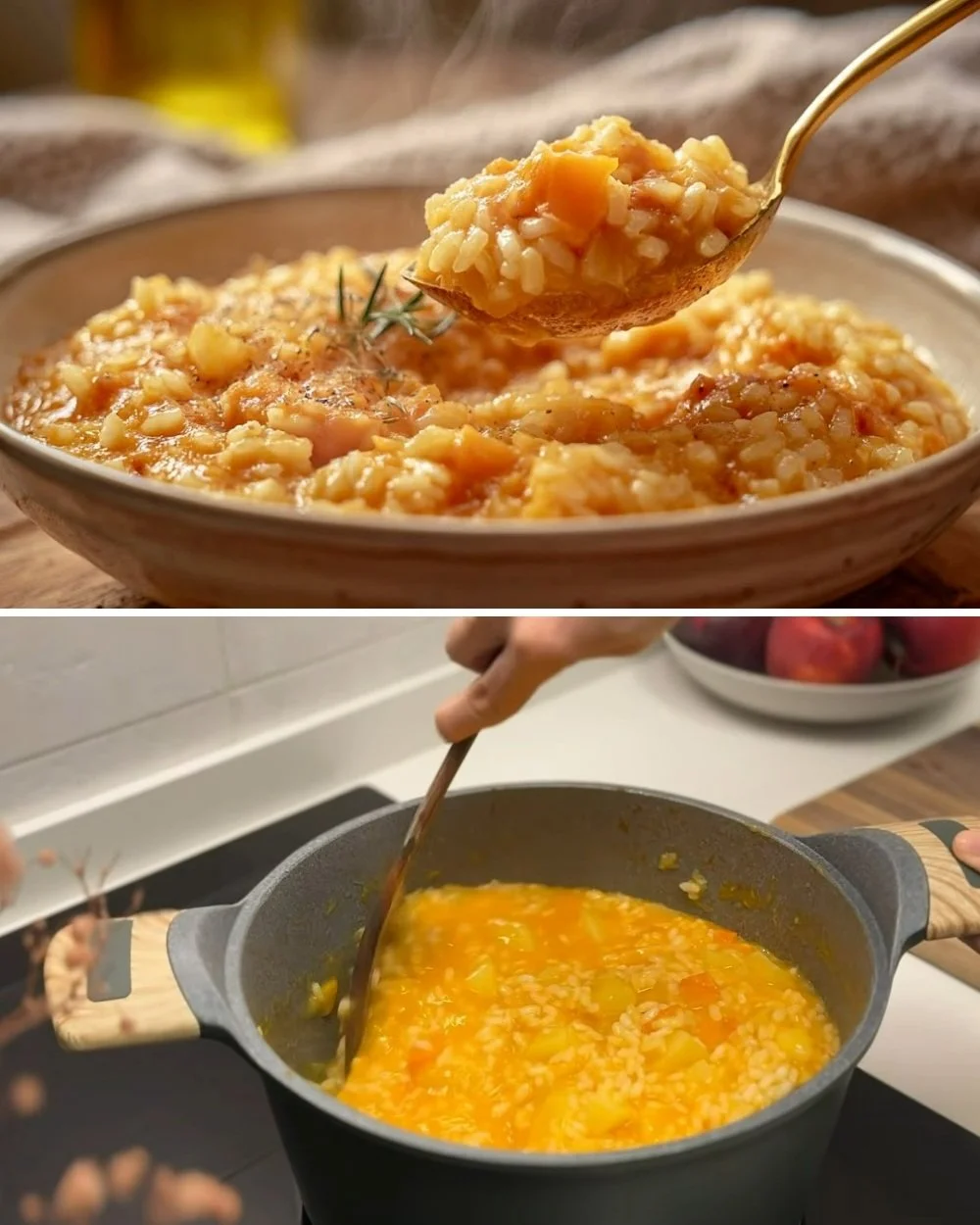 Oude Italiaanse boerenrecept met rijst en aardappelen op een bord
