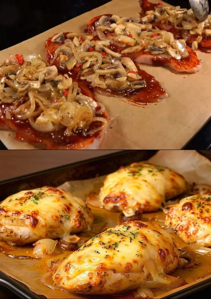 Ovenschotel met kipfilet, champignons, uien en gesmolten kaas