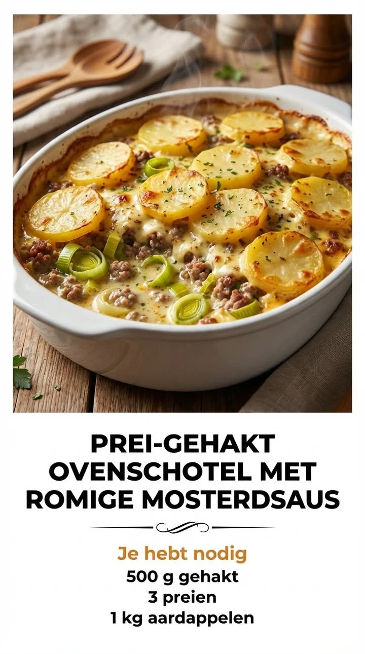 Ovenschotel met prei en gehakt in romige mosterdsaus, een smaakvol gerecht.