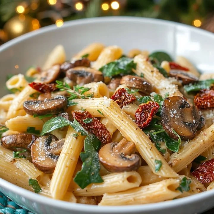 Pasta met zongedroogde tomaten en champignons op een bord