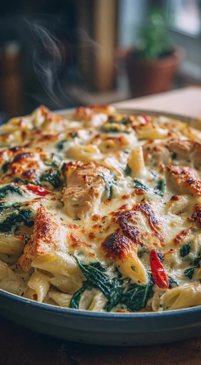 Romige Boursin-pasta met kip en spinazie op een bord