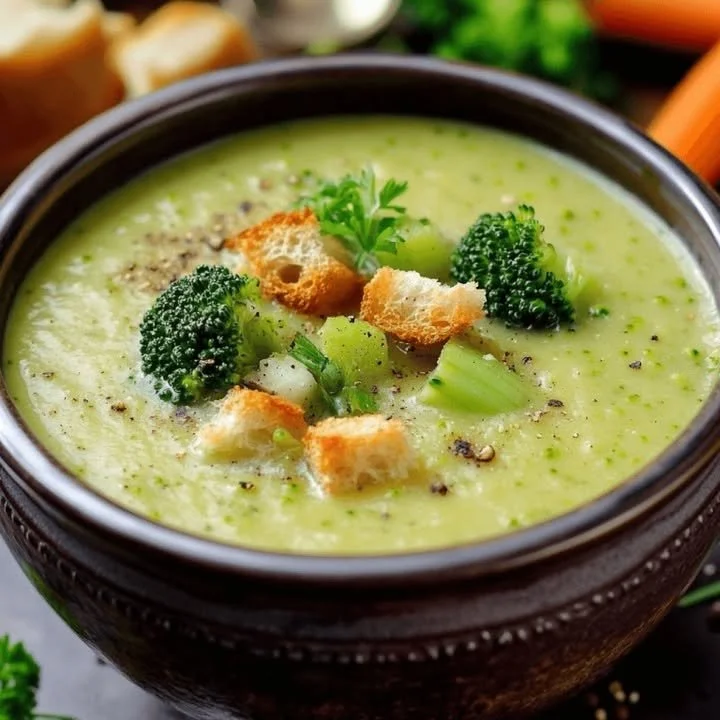 Romige broccolisoep met knapperige croutons in een kom