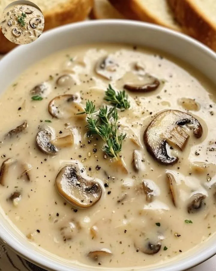 Romige champignonsoep in een kom, eenvoudig recept voor een smaakvolle maaltijd.