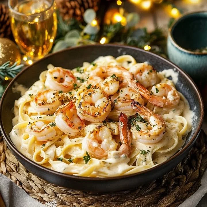 Romige garnalen fettuccine pasta met zelfgemaakte saus op een bord.