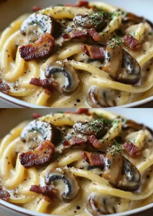 Romige pasta met spek en champignons, een smakelijk recept voor elke gelegenheid.