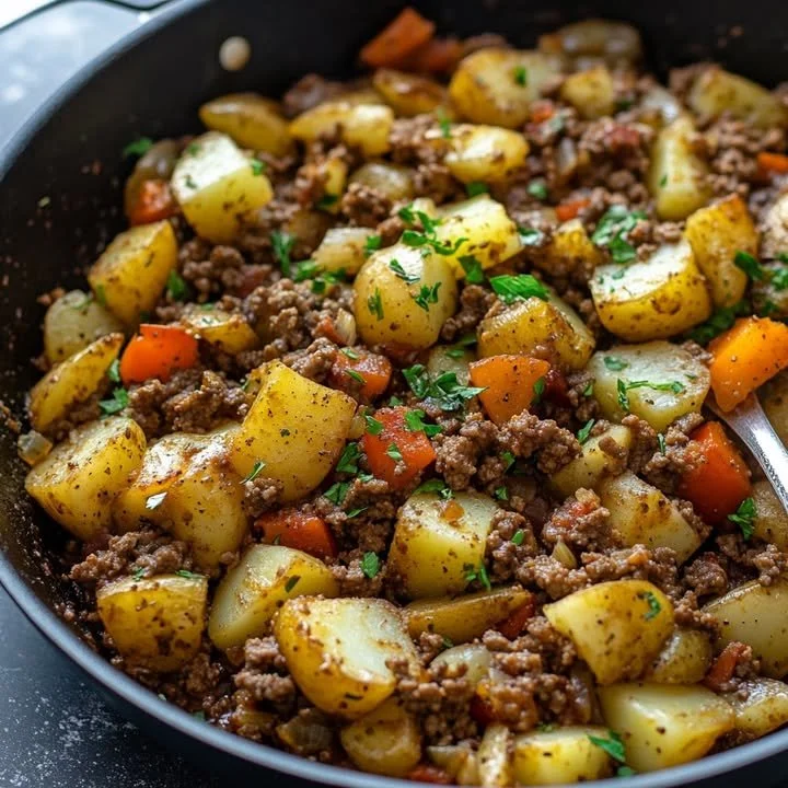 Snelle doordeweekse maaltijd met rundvlees en aardappelen op een bord