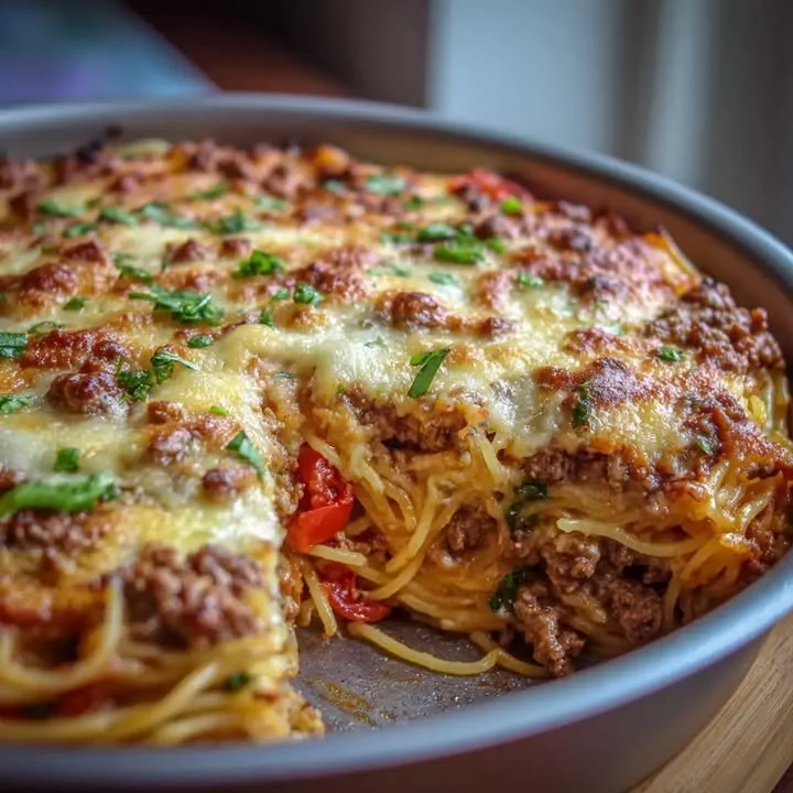 Heerlijke spaghetti-taart met gehakt, een unieke en smakelijke maaltijd.