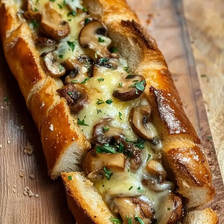 Stokbrood met smeltende kaas en champignons op een houten snijplank