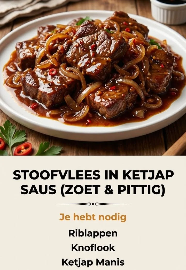 Stoofvlees met zoete en pittige ketjapsaus op een bord.