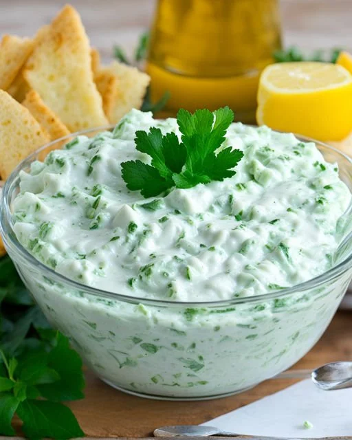 Een kom zelfgemaakte tzatziki met komkommer en knoflook