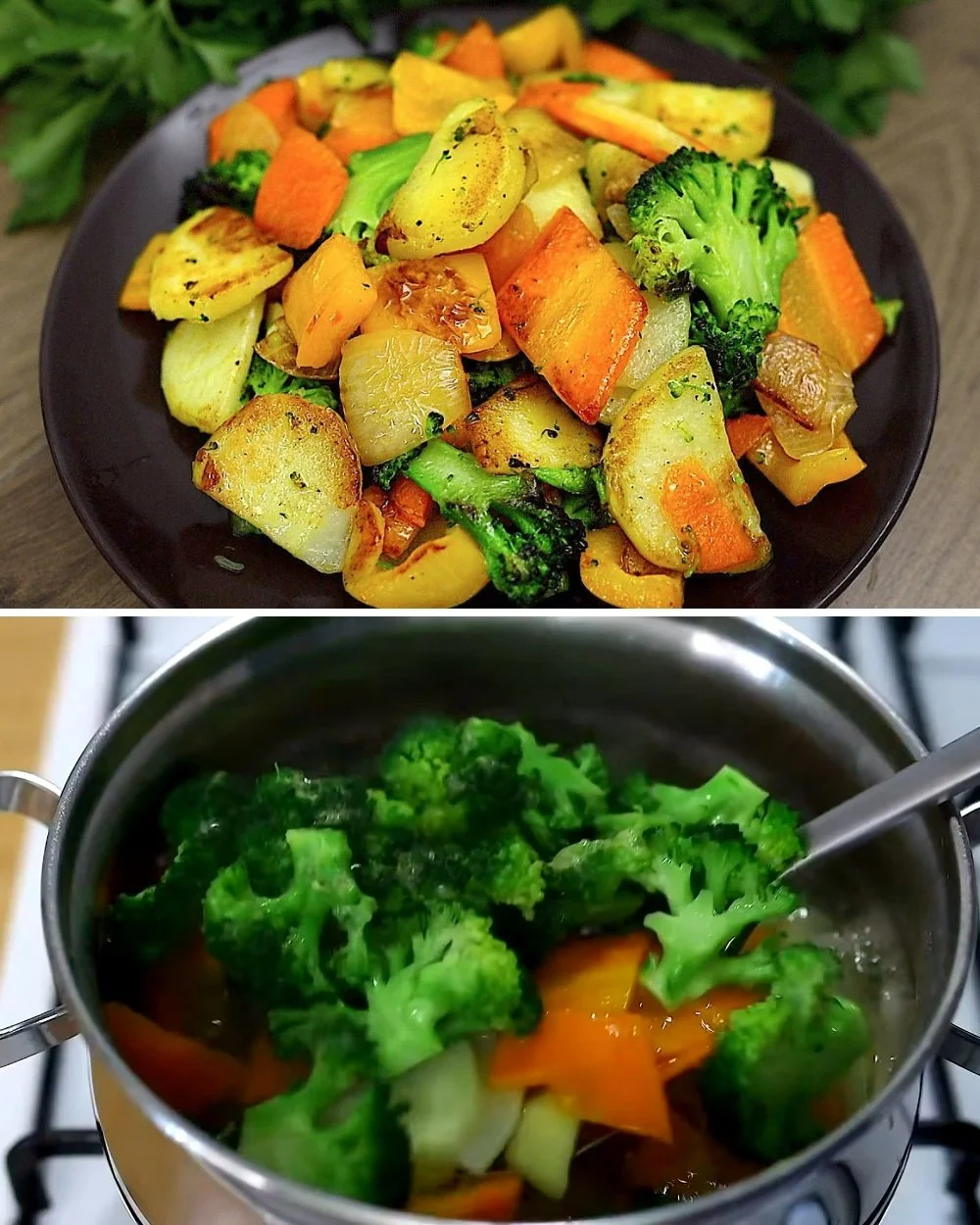 Heerlijk aardappel- en groentegerecht met kleurrijke groenten.