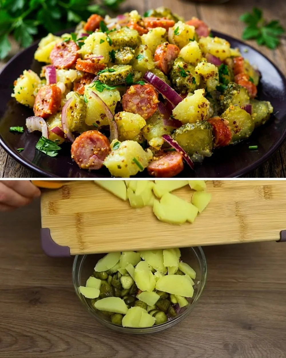 Aardappelsalade met gerookte worstjes en frisse kruiden