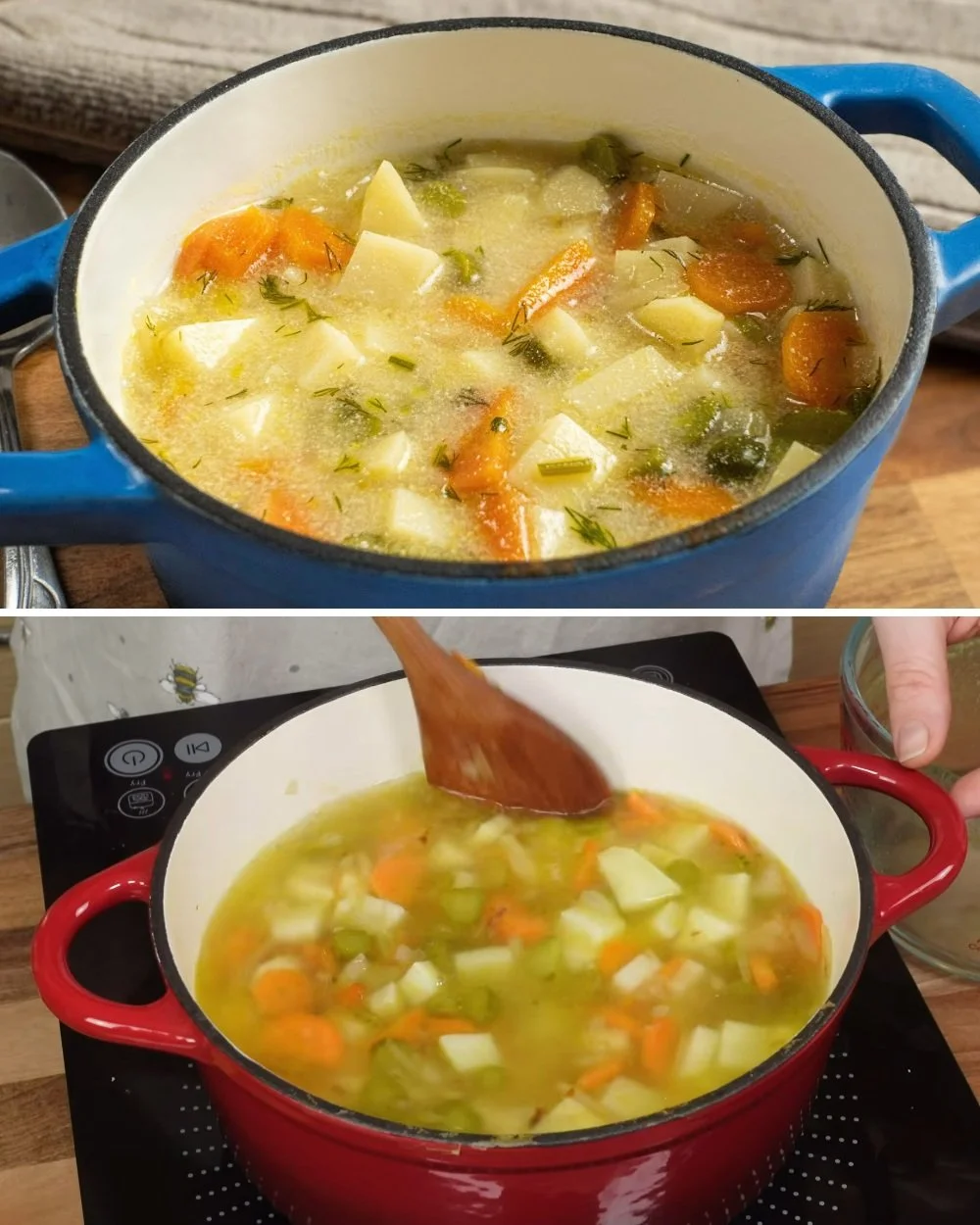 Een kom heerlijke aardappelsoep met verse kruiden en groenten.