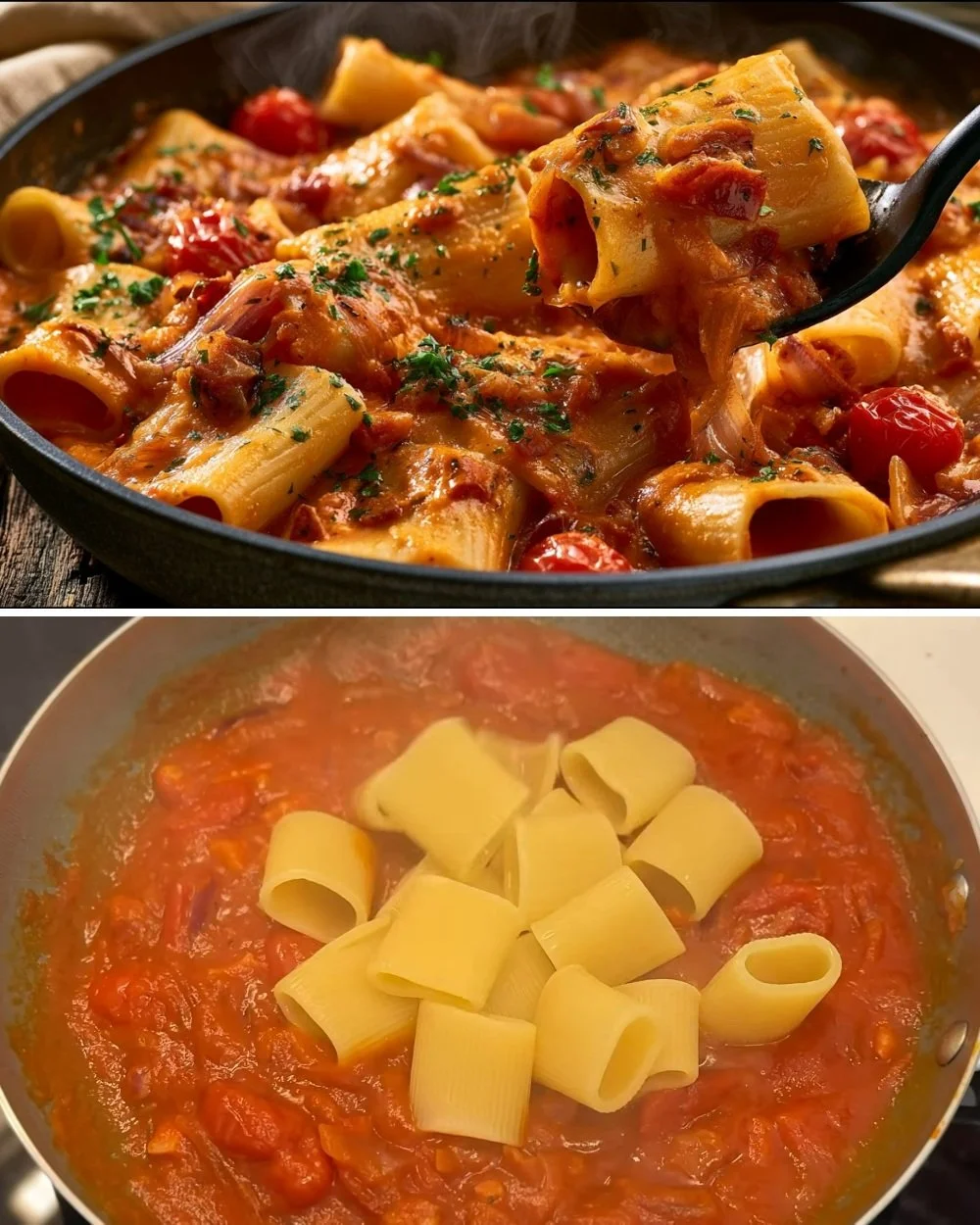 Amatriciana pasta met guanciale en tomatensaus, een heerlijk Italiaans gerecht.