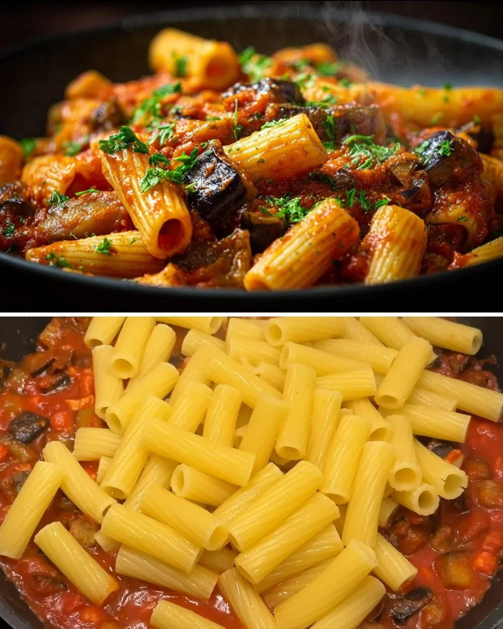 Een bord aubergine pasta met verse ingrediënten en kruiden.