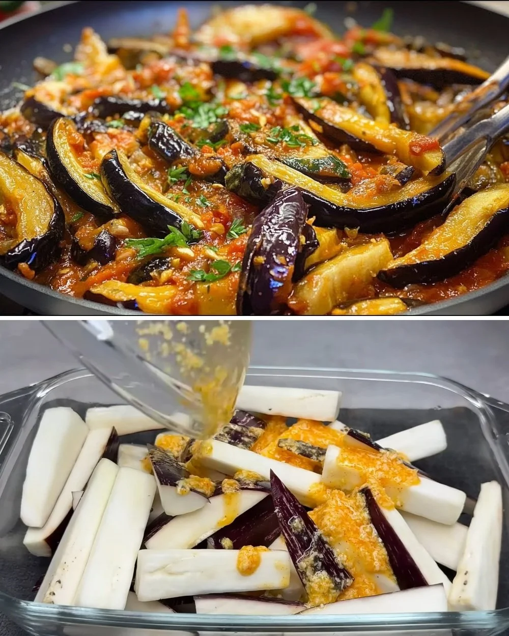 Aubergine spaghetti met knoflook en chilipeper op een bord