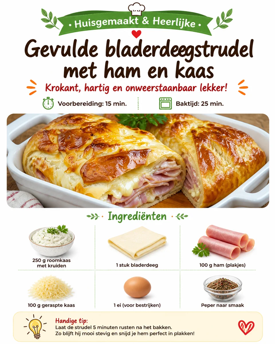 Bladerdeegstrudel gevuld met ham en kaas, een smakelijke snack