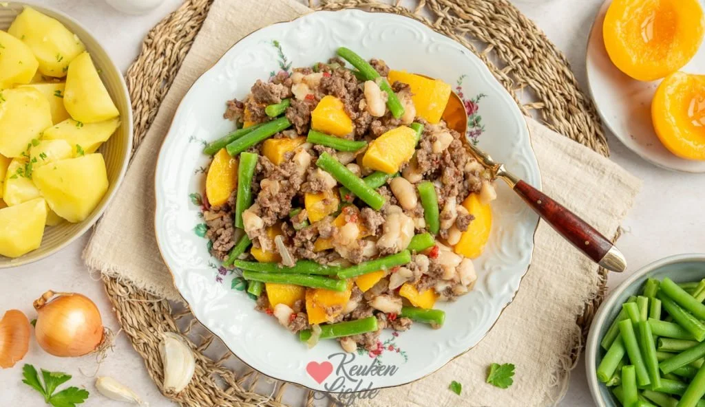 Bonenschotel met gehakt en perzik recept op een bord