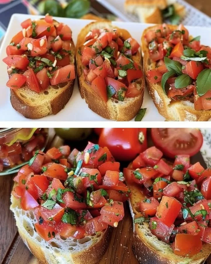 Heerlijke bruschetta met verse tomaten en basilicum op een houten plank.