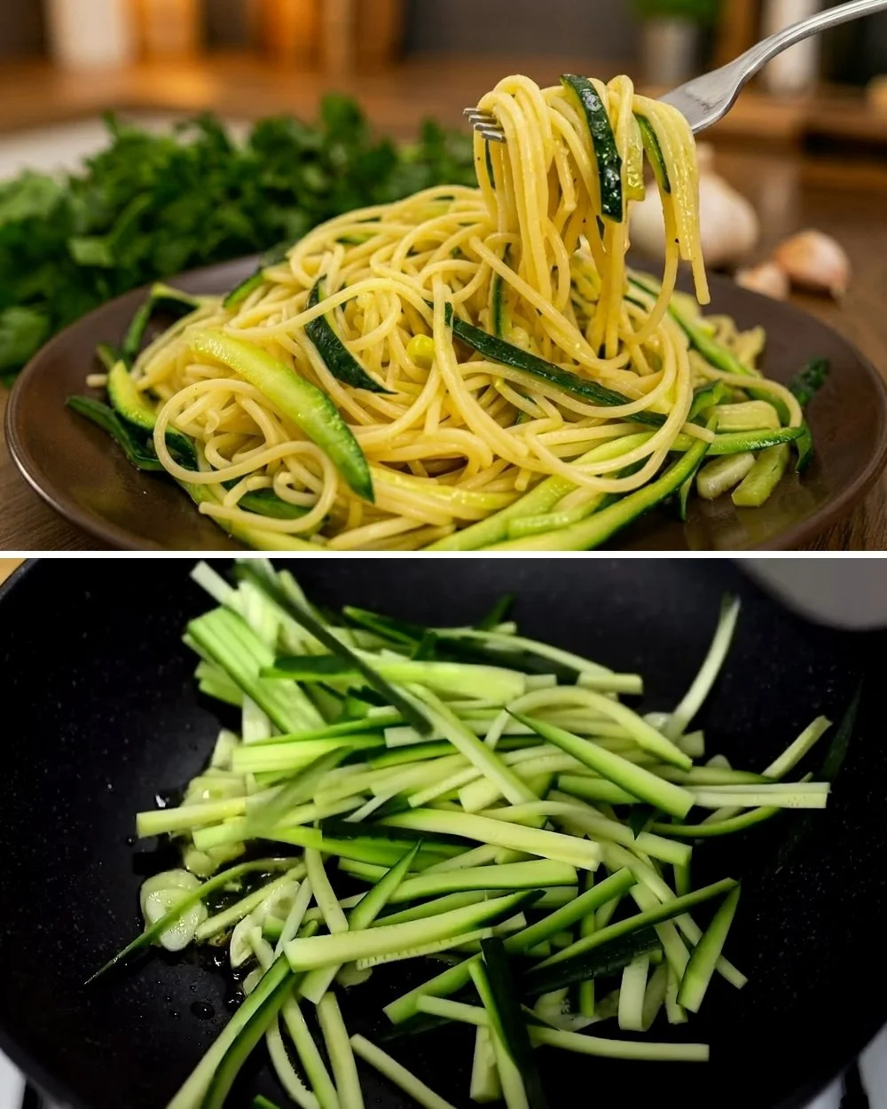Gezonde courgette spaghetti met verse groenten en kruiden