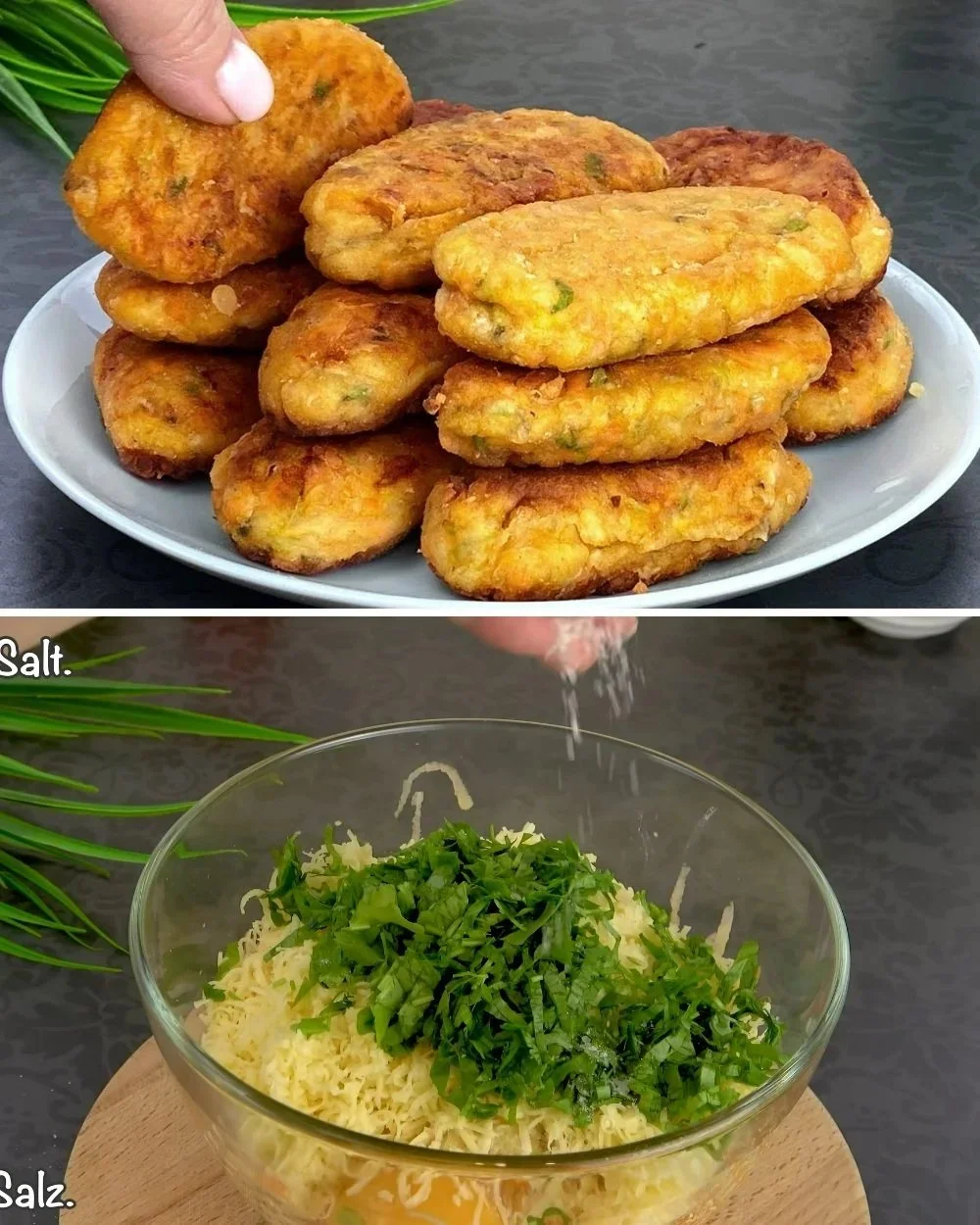Een bord met zelfgemaakte courgetteburgers geserveerd met groenten
