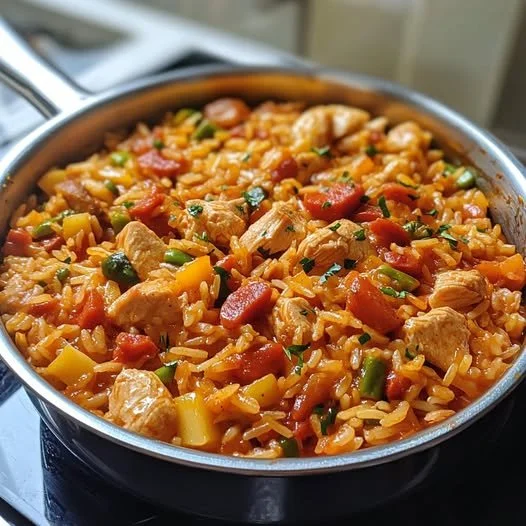 Eenpanrecept met kip en chorizo, eenvoudig en smakelijk gerecht.