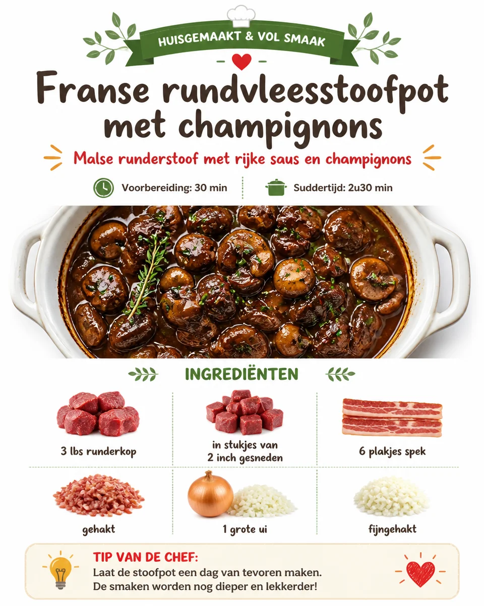 Franse rundvleesstoofpot met champignons op een bord