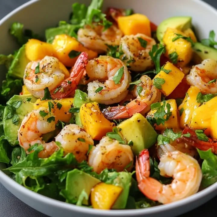 Garnalen salade met mango en avocado op een bord