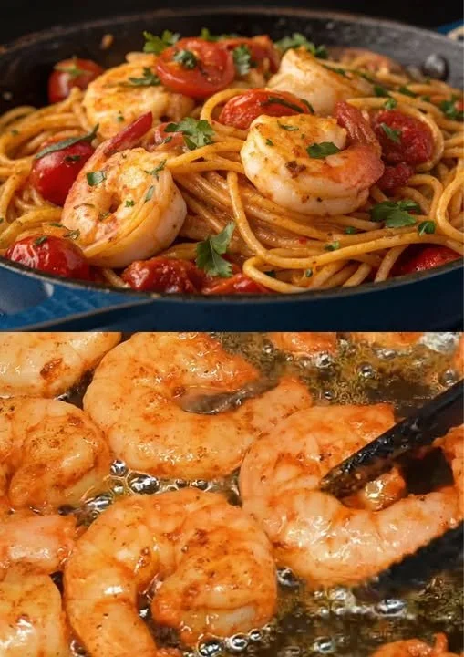 Heerlijke garnalen met knoflook pasta op een bord