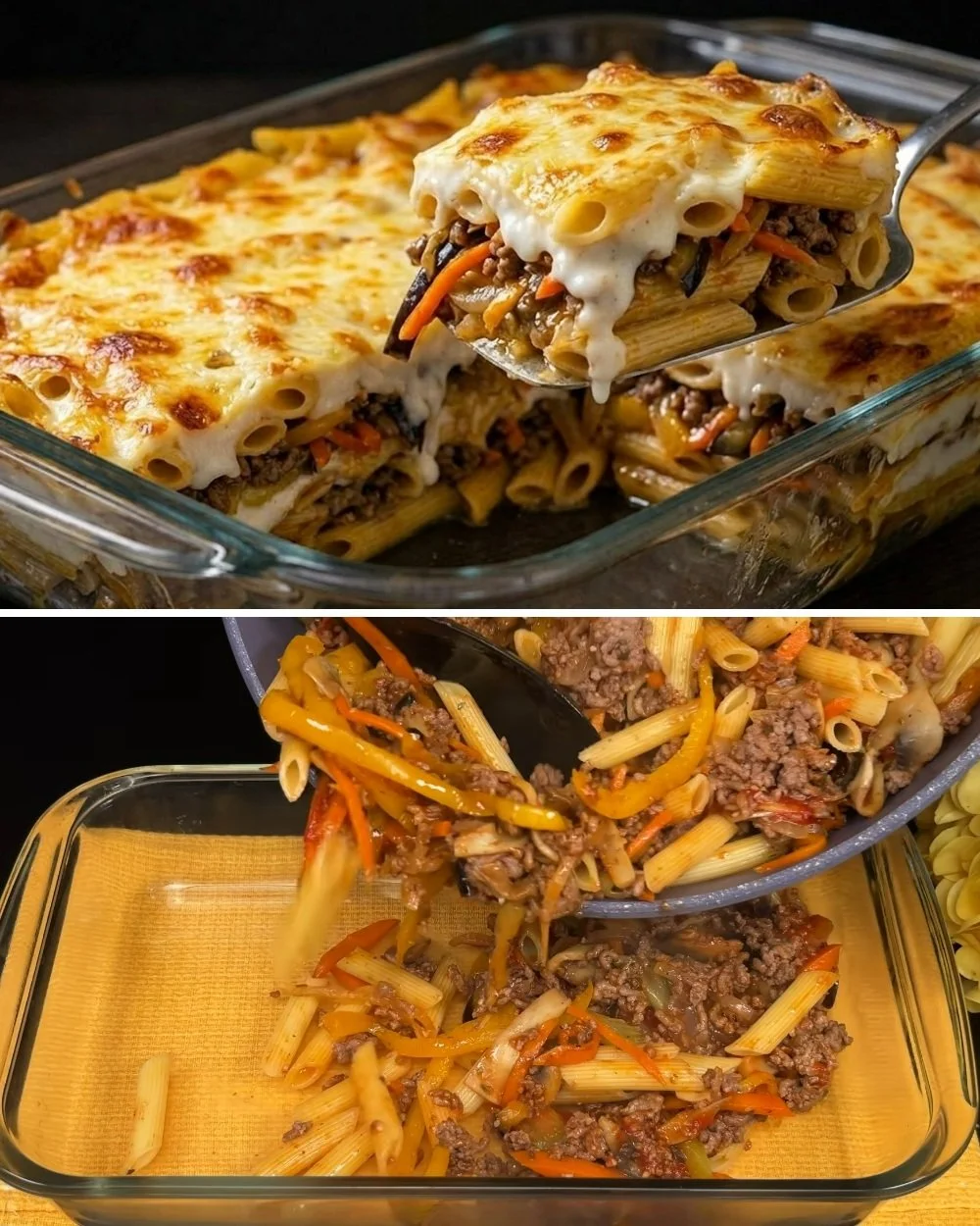 Gebakken penne met rundergehakt en romige saus op een bord