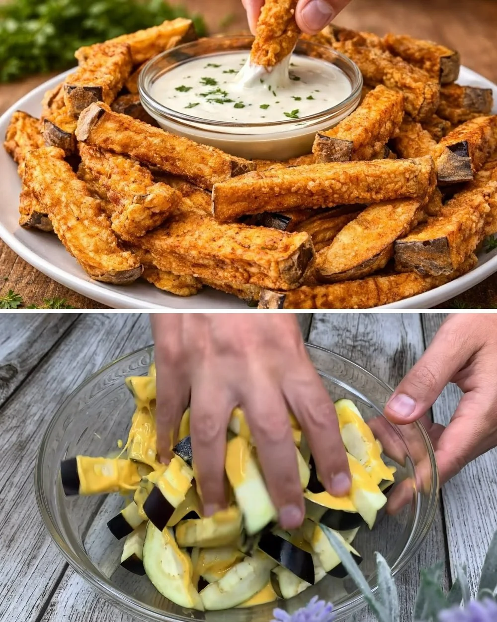 Gefrituurde aubergines geserveerd met frisse yoghurt-saus