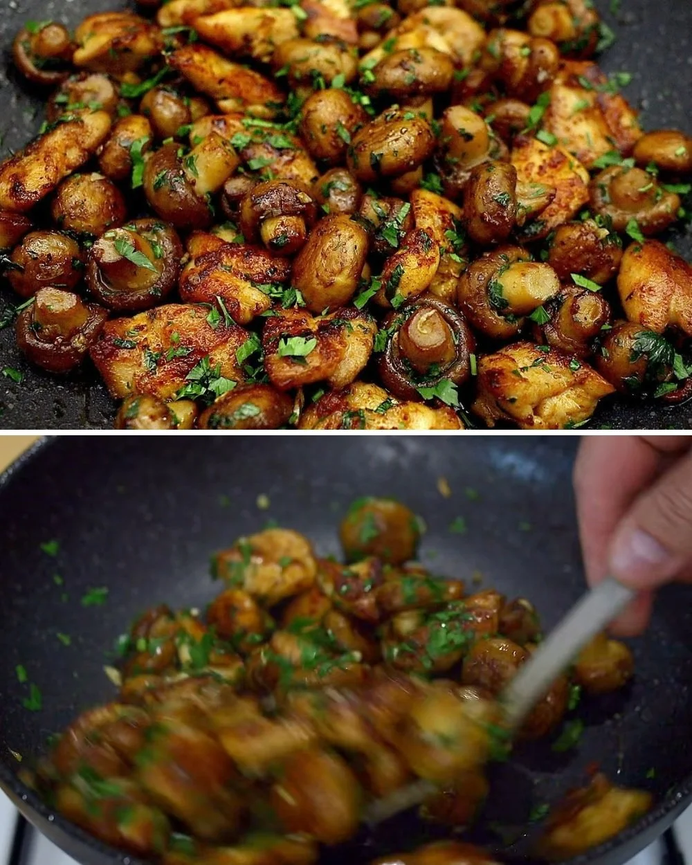 Gefrituurde kip met champignons en knoflook in boter voor een smakelijke maaltijd.