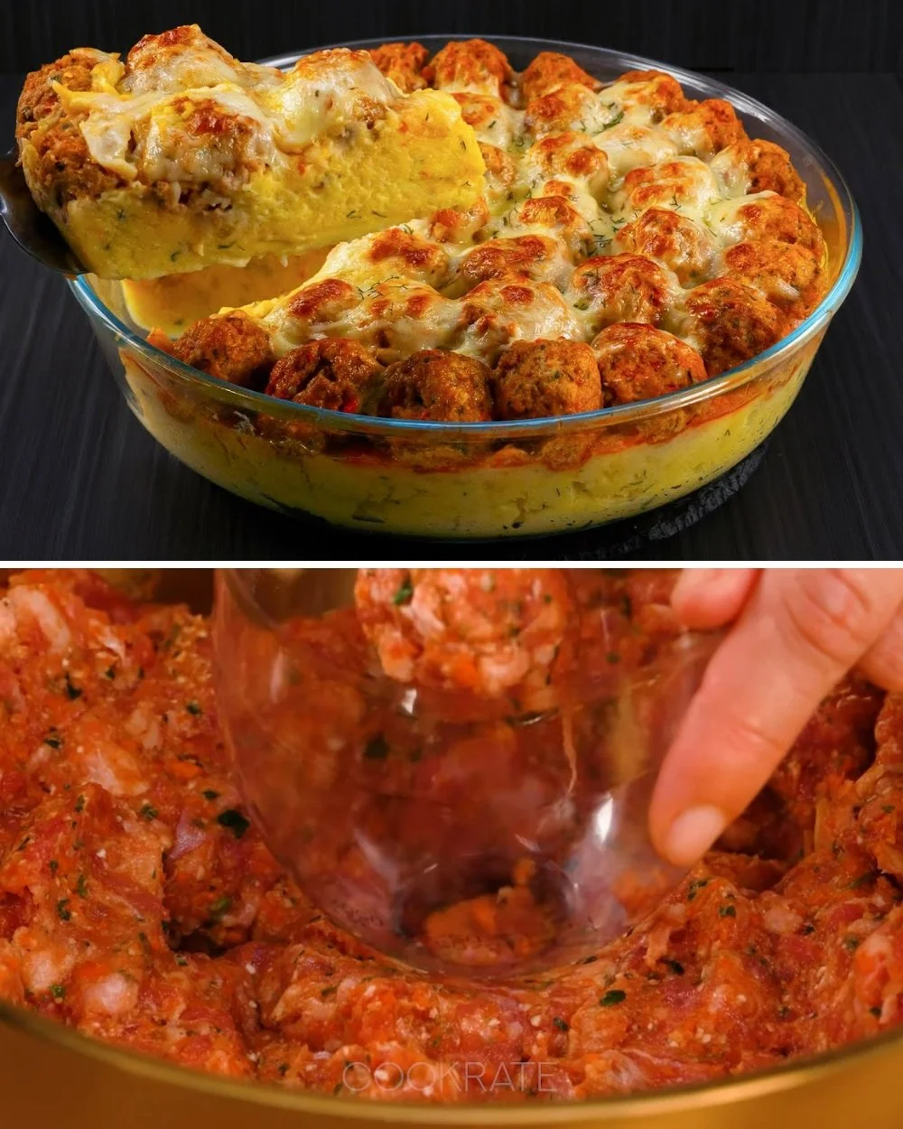 Gehaktballen geserveerd met romige aardappelpuree en tomatensaus