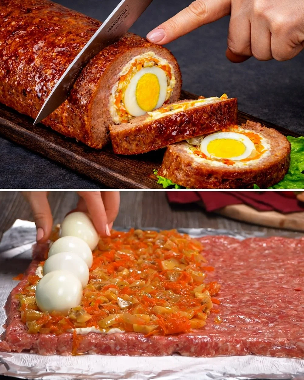 Gehaktbrood met ei gerecht op een bord voor een smakelijk avondeten.