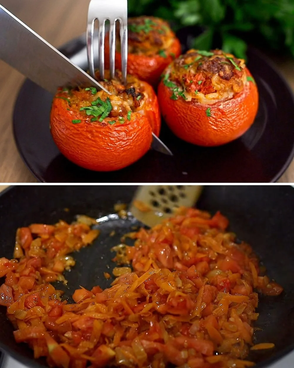 Heerlijke gevulde tomaten uit de oven, bereid volgens een eenvoudig recept.